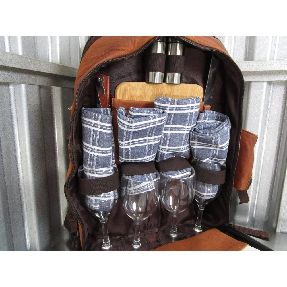 Argali Wines Premium Tan Calfskin Leather Insulated Picnic Backpack Bag New